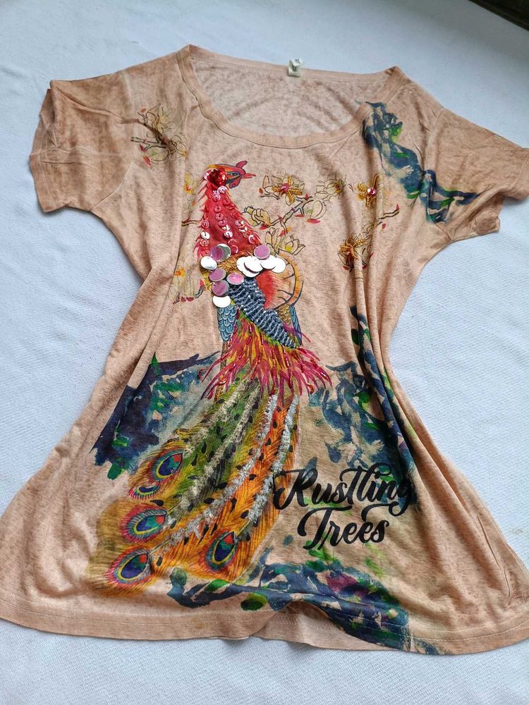 Peacock Print Embellished T-Shirt