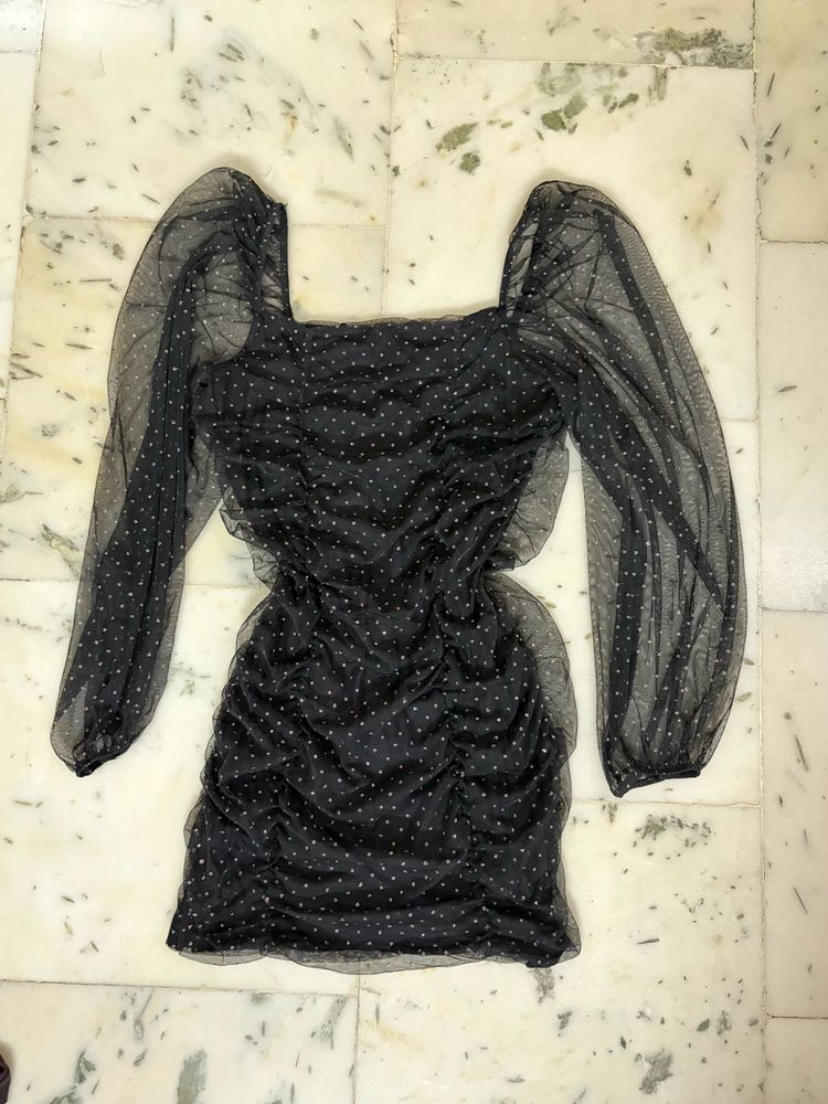 Sheer Polka Dot Ruched Mini Dress
