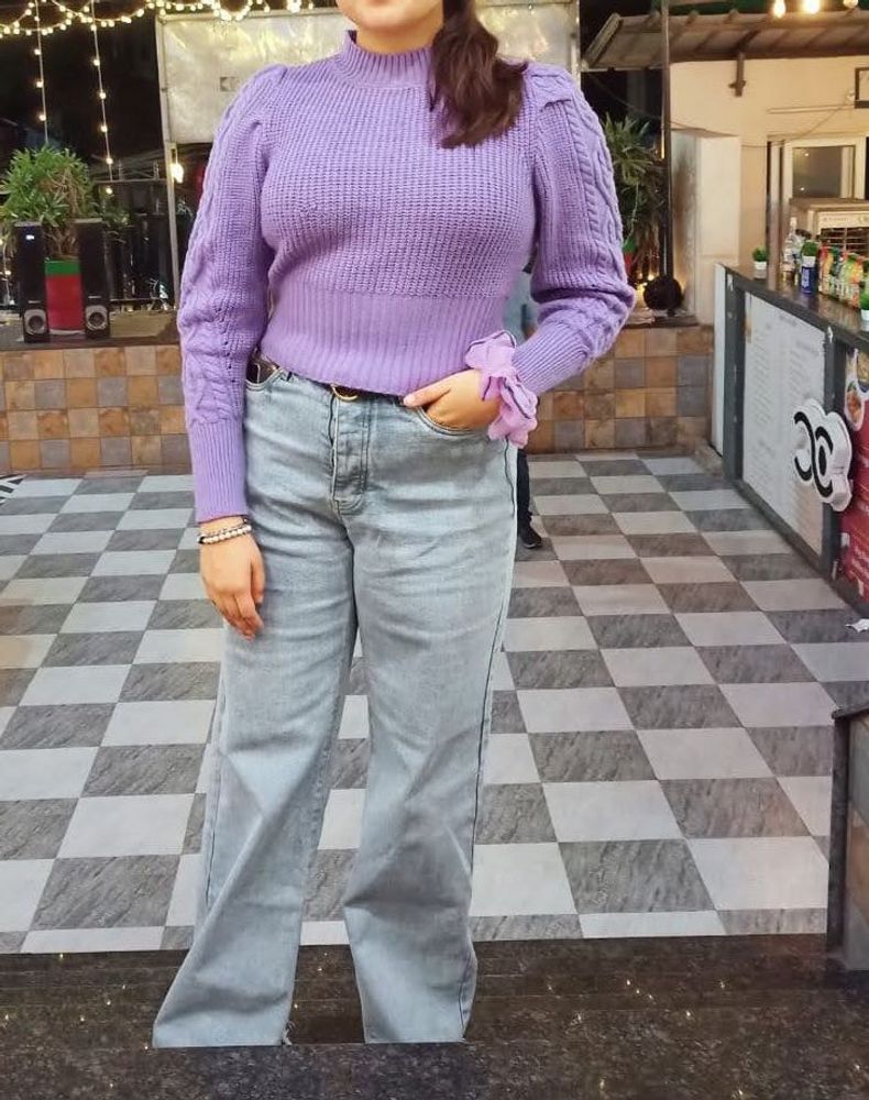 Purple Puff Sleeve Knit Sweater