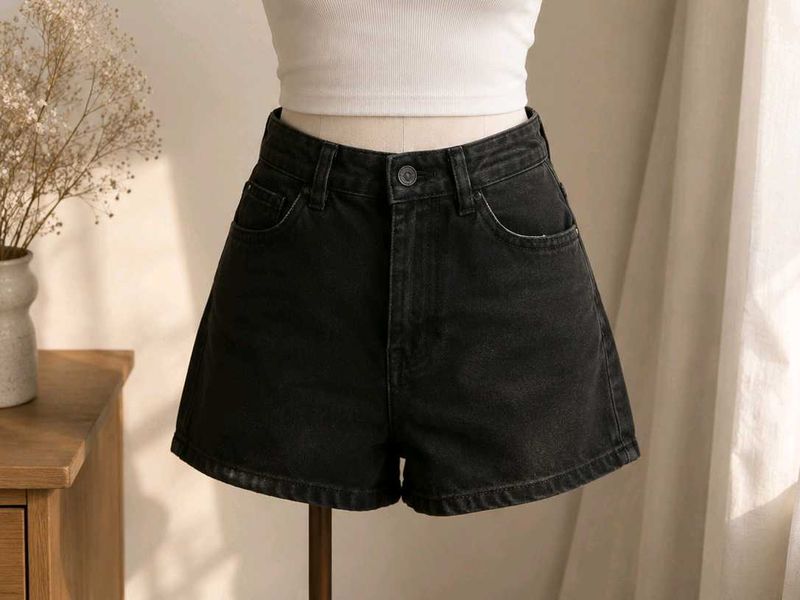Black Denim High-Waisted Shorts