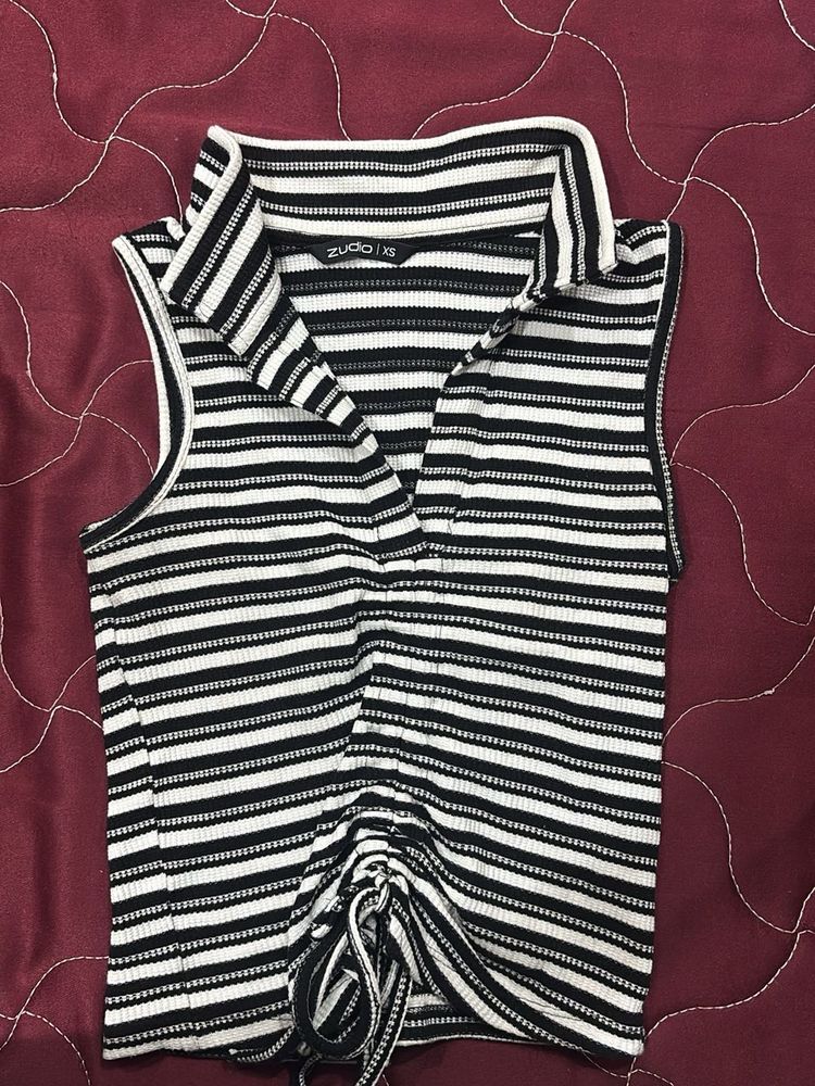 Striped Ruched Collared Top