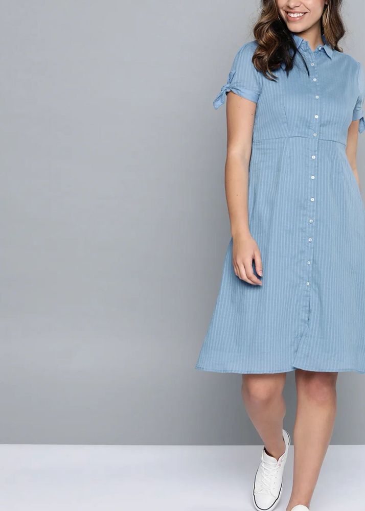 Stylish Blue Striped Shirt Dress