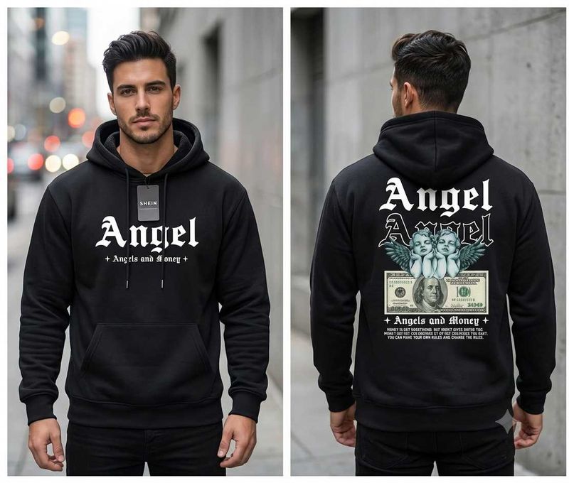Shein Black Hoodie Angel Graphic