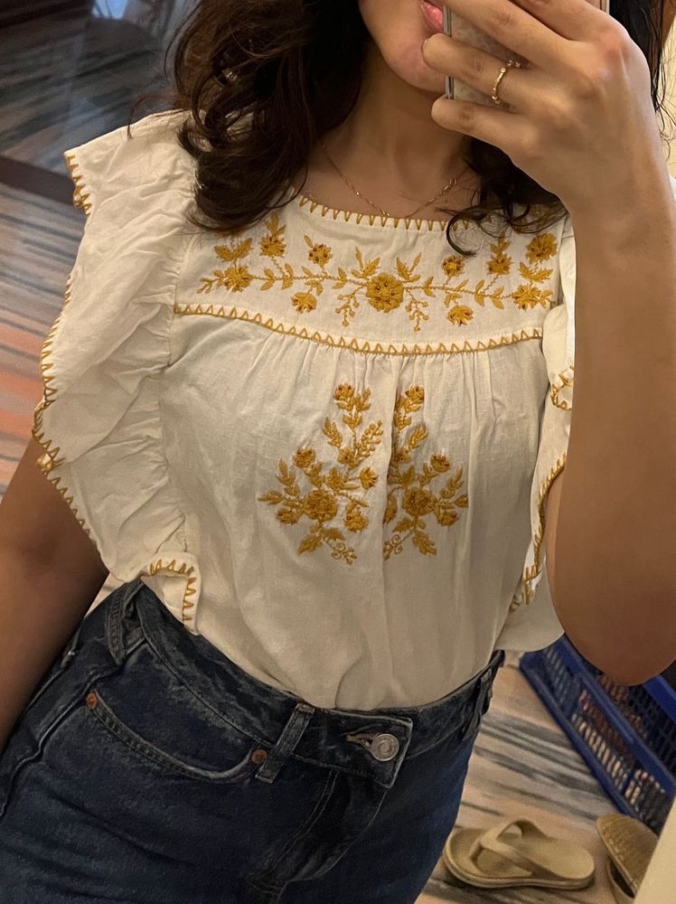 Embroidered Flutter Sleeve Top
