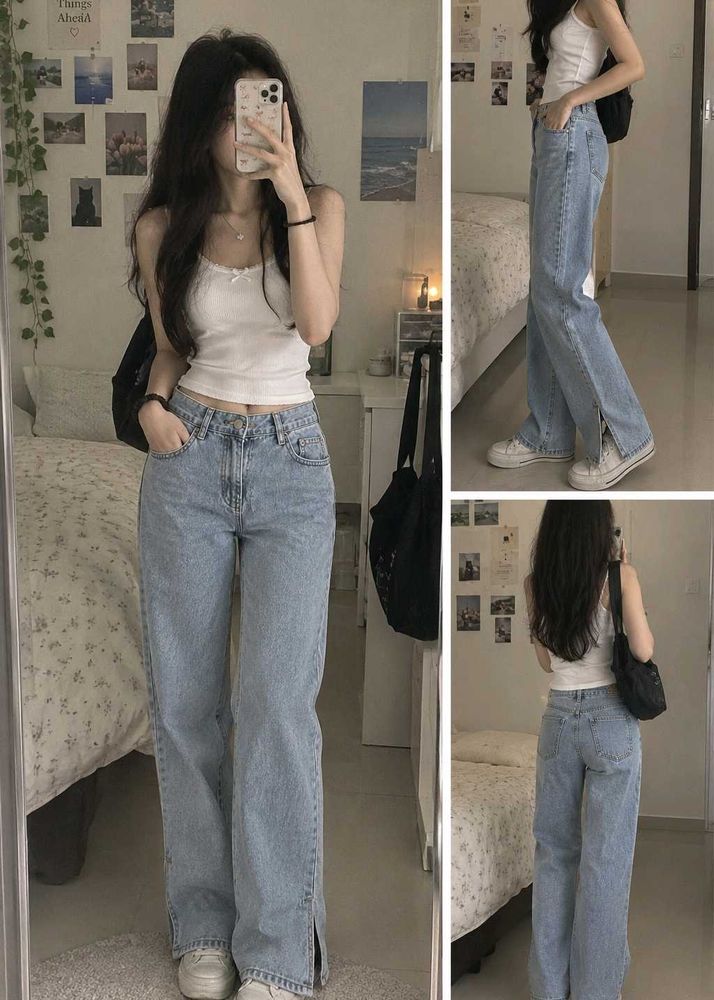 Light Wash Split Hem Jeans