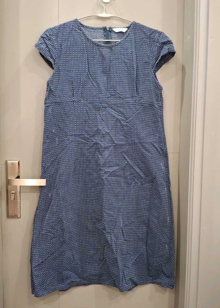 Blue Dotted Short Sleeve Dress