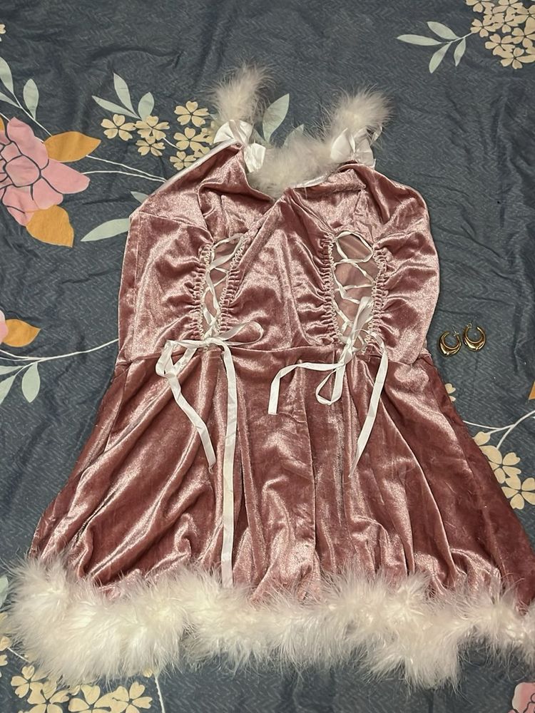 Cute Pink Velvet Lingerie Dress with Fur Trim