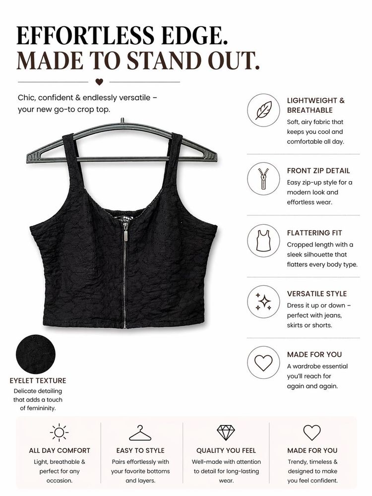 Chic Black Eyelet Zip Front Crop Top
