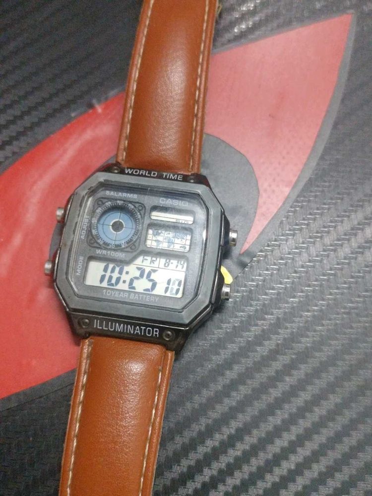 Retro Digital Watch with Brown Leather Strap