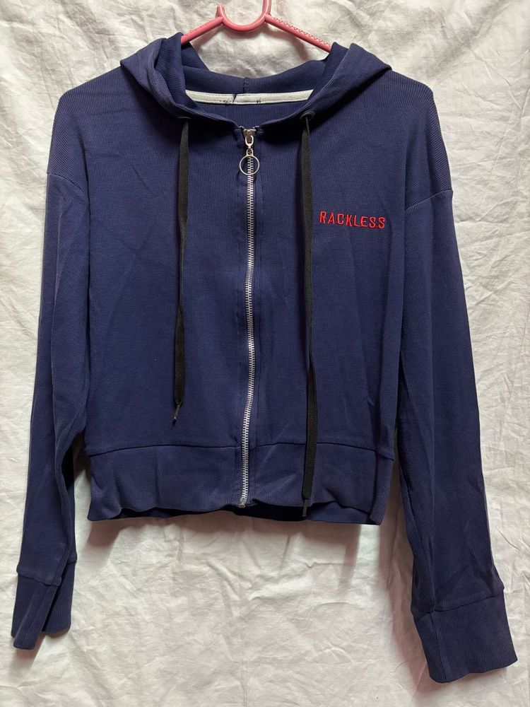 Navy Blue Cropped Zip-Up Hoodie