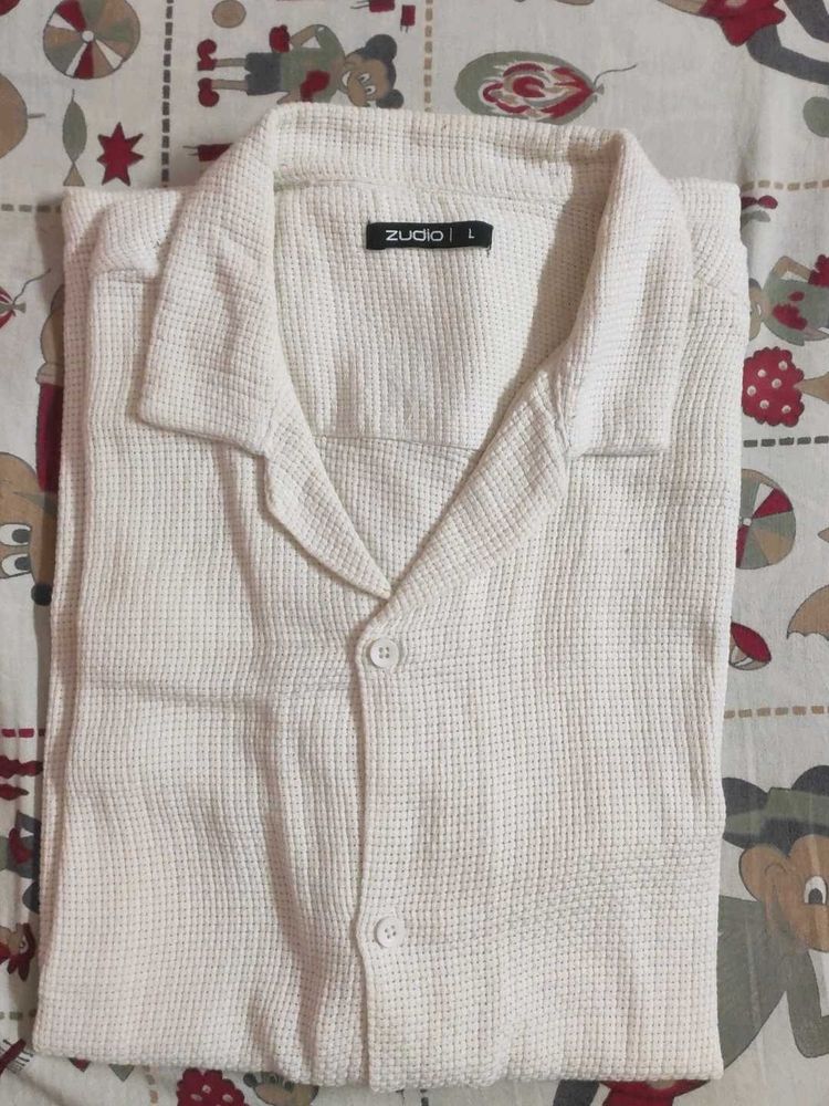 Zudio Men's White Waffle Knit  Resort Shirt