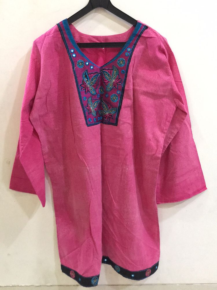 Embroidered Pink Long Sleeves Kurta For Women