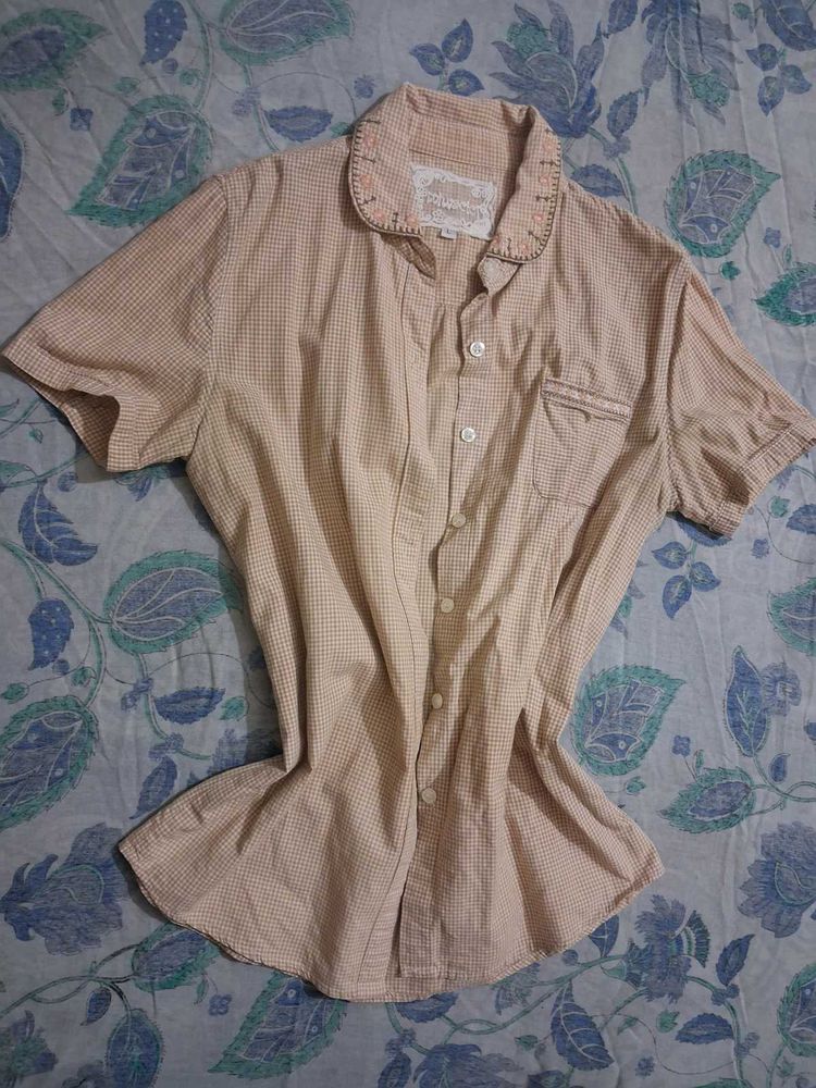 Chic Beige Checked Button-Up Shirt