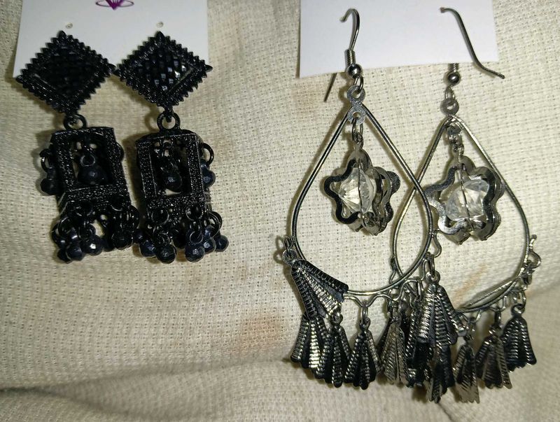 Stylish Black &amp; Silver Earrings - Pairs