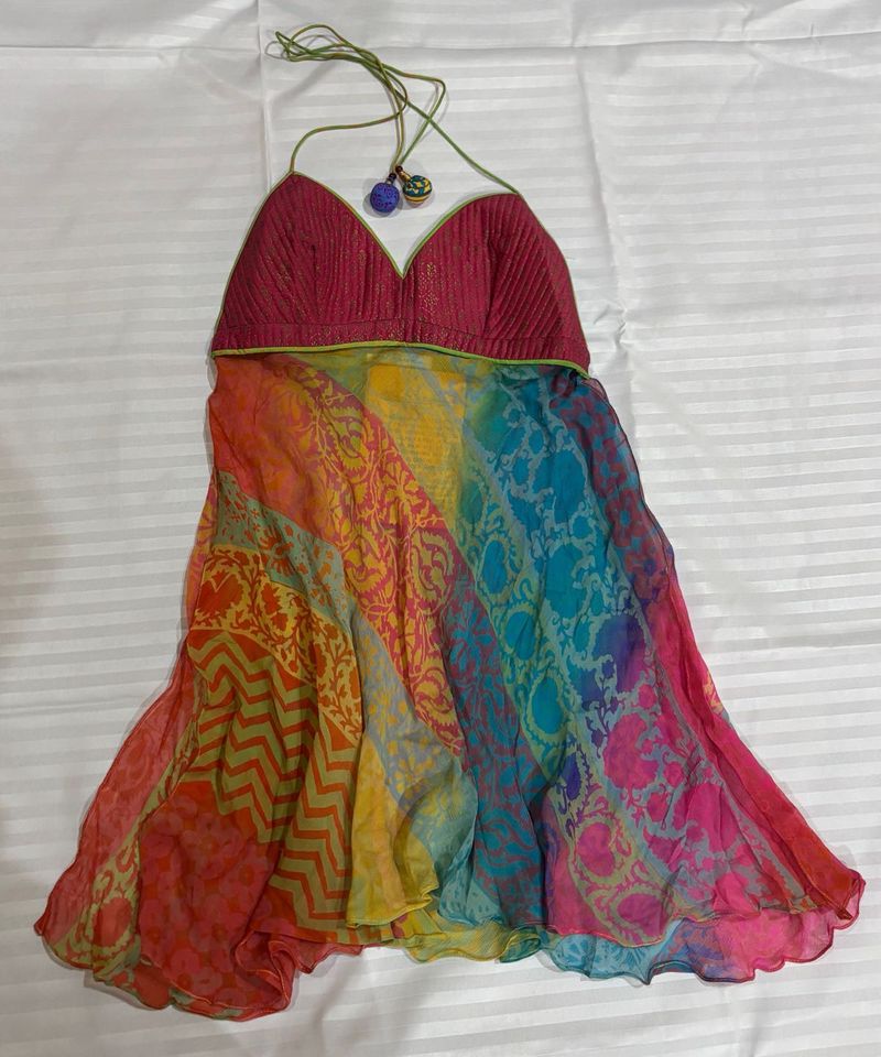 Boho Rainbow Print Halter Dress