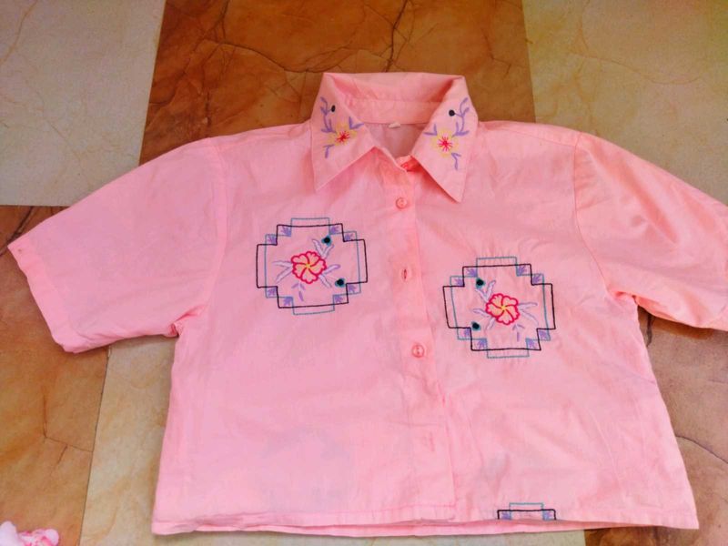 Pink Embroidered Cropped Blouse