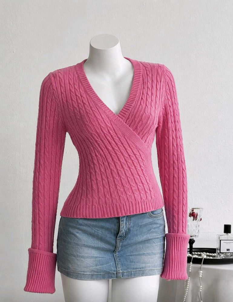 Pink Cable Knit Wrap Sweater