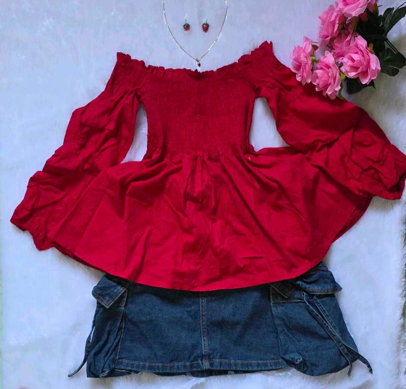 TRENDY Red Smocked Off-Shoulder Peplum Top