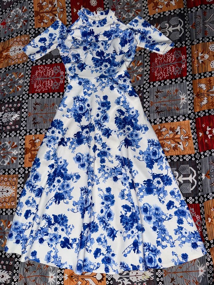 White And Blue Floral Gown