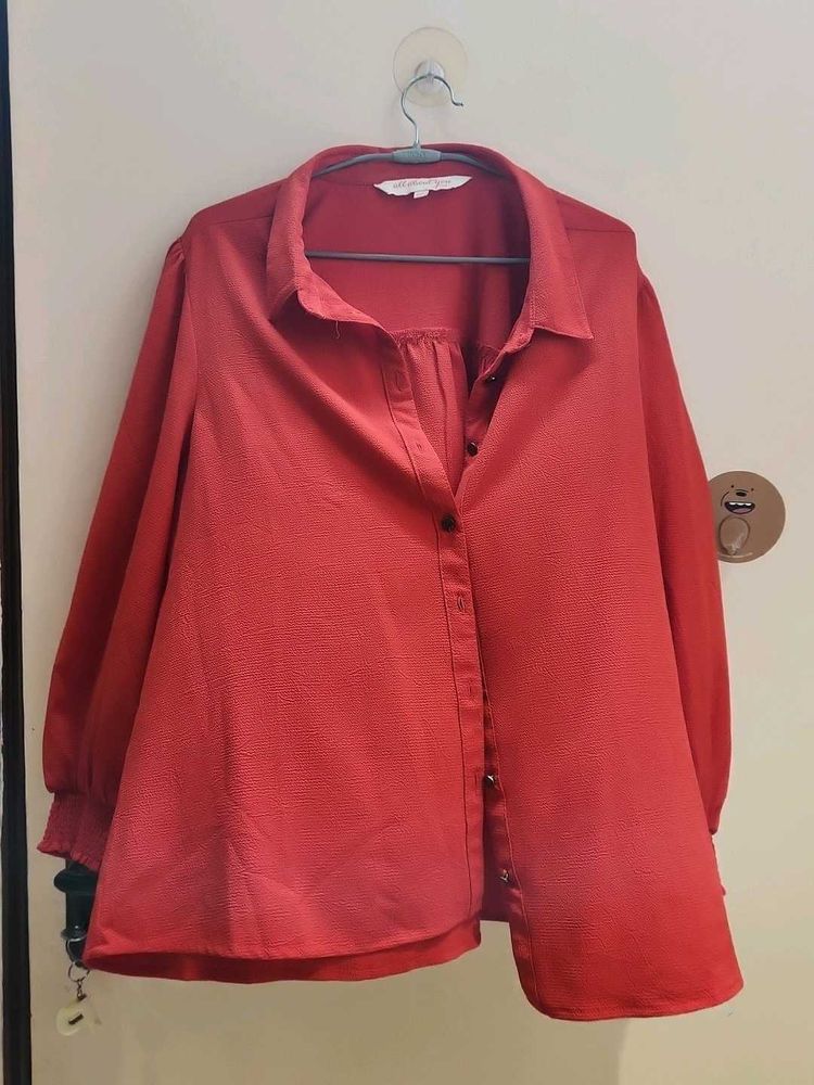 Red Textured Button-Up Shirt