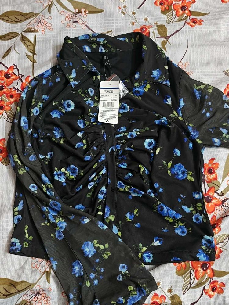 Black Floral Ruched Button-Up Top
