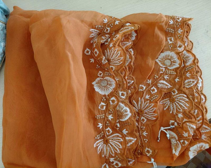 Rust/Orange Floral Embroidered Dupatta