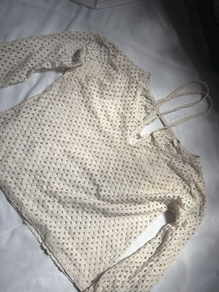 Cream Crochet Long Sleeve Top