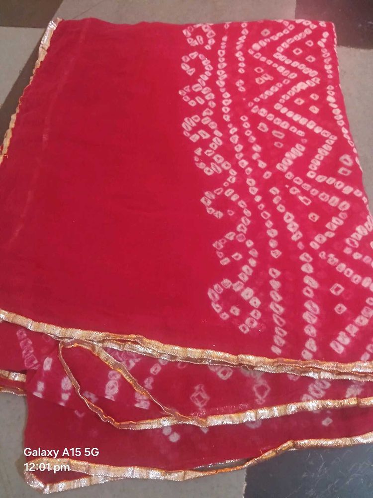 Vibrant Red Bandhani Saree with Golden Border