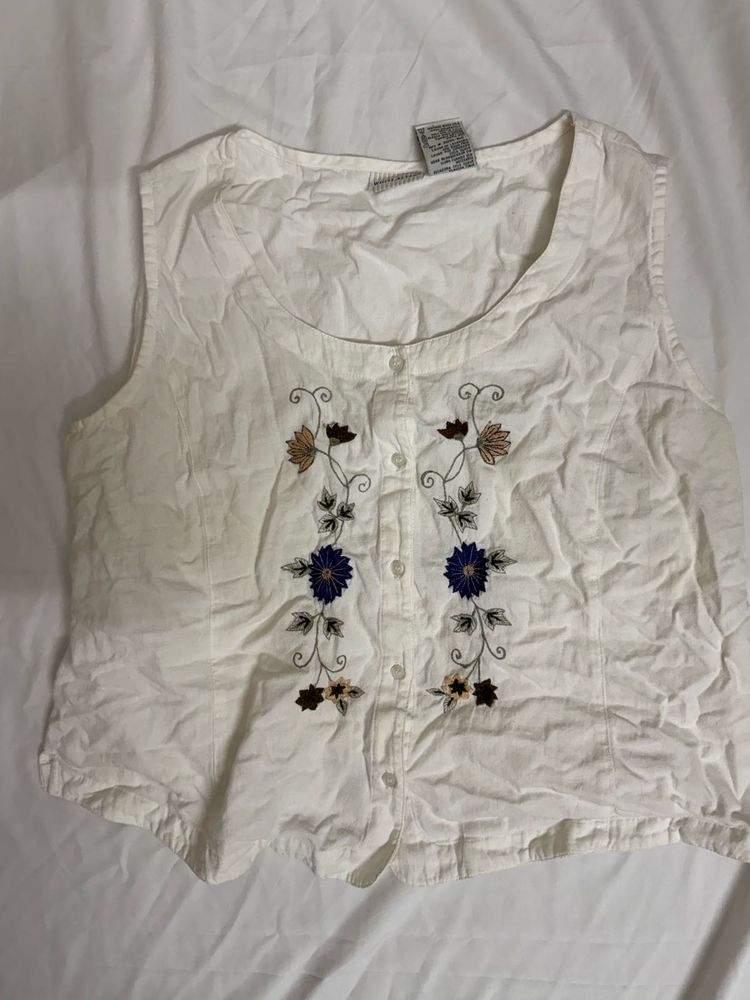 Embroidered Sleeveless Button-Up Top