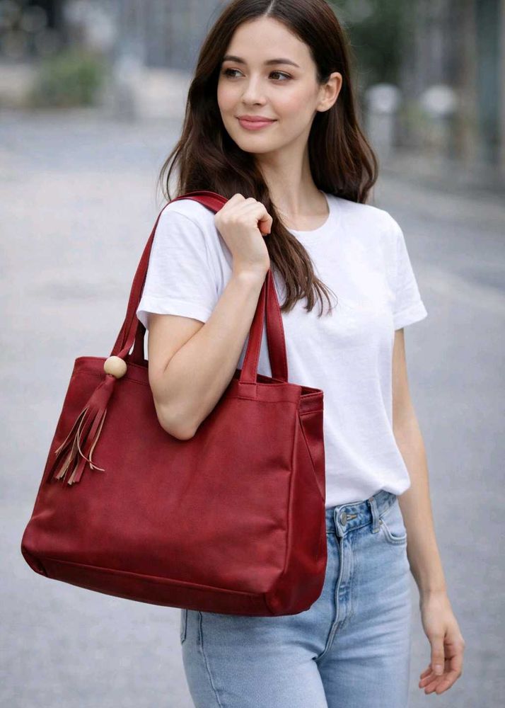 Burgundy Tote Bag with Tassel Detail