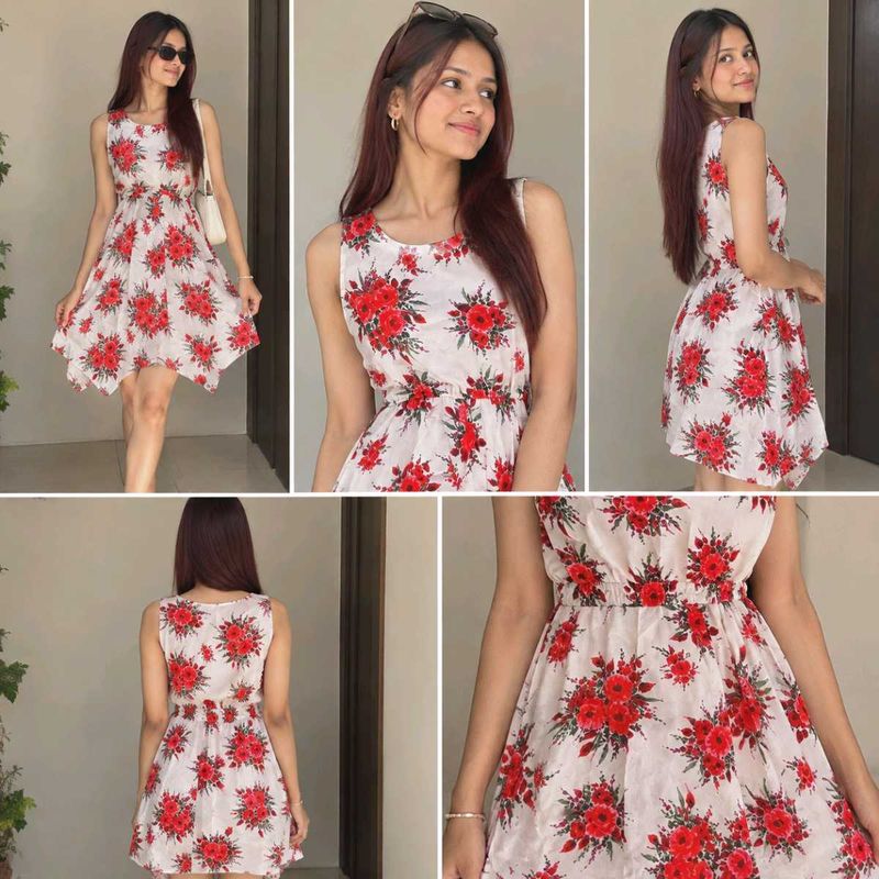 Cute red flower floral print A-line dress