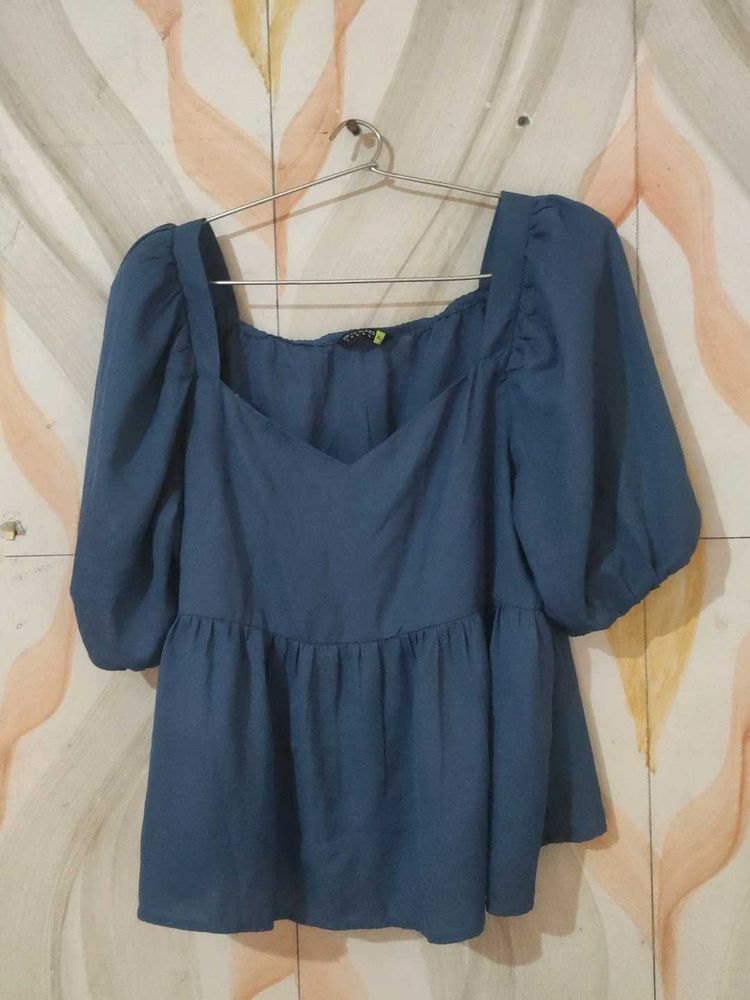 Stylish Blue Puff Sleeve Peplum Top