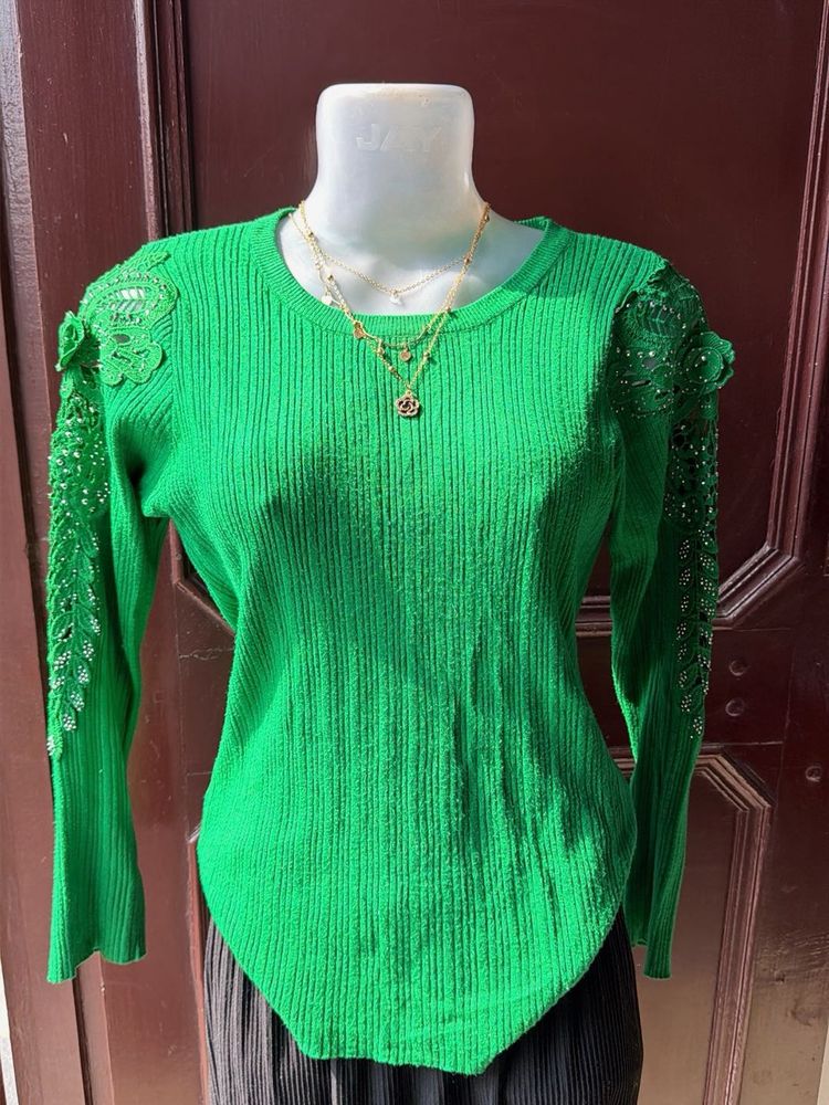 Vibrant Green Embellished Long Sleeve Top