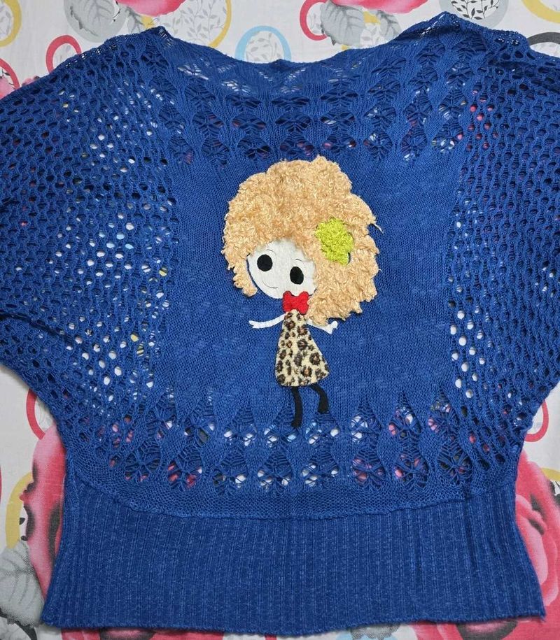 Chic Blue Crochet Knit Top with Doll Applique