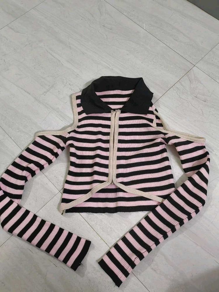 Striped Cut-Out Long Sleeve Top