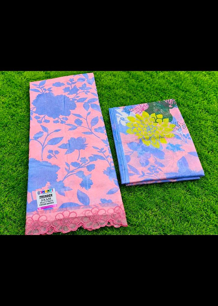 Beautiful Pink &amp; Blue Floral Cotton Dress Material