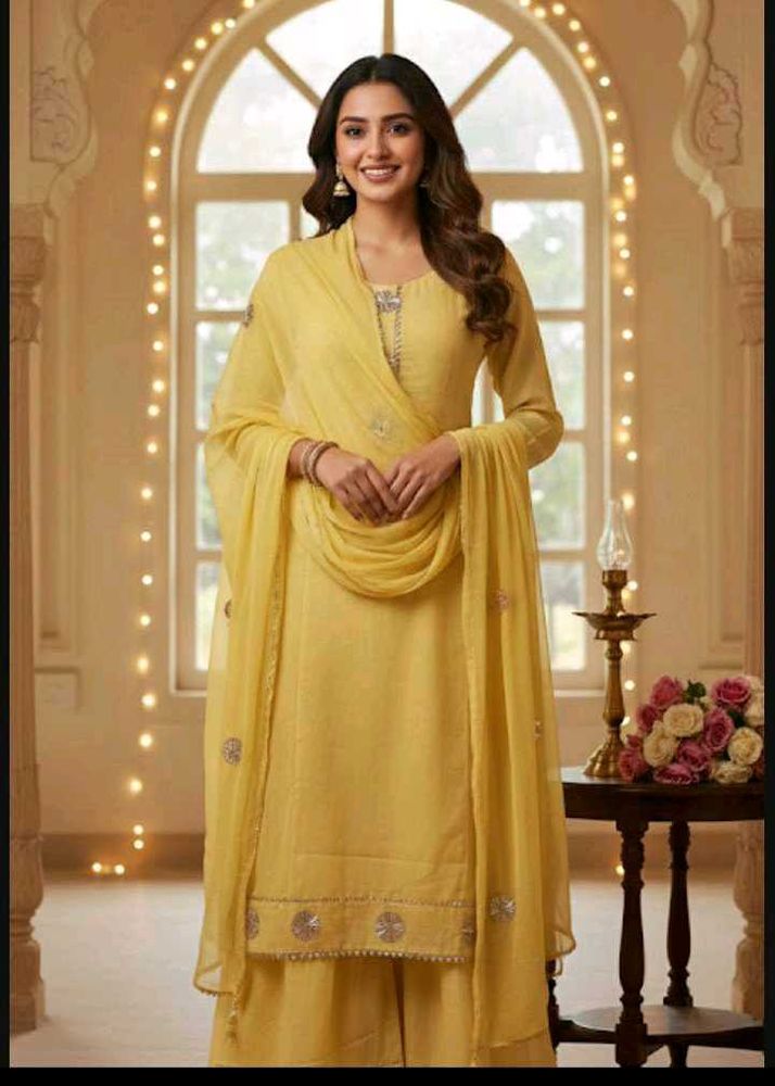 unstitched Elegant Yellow Kurta garara Set