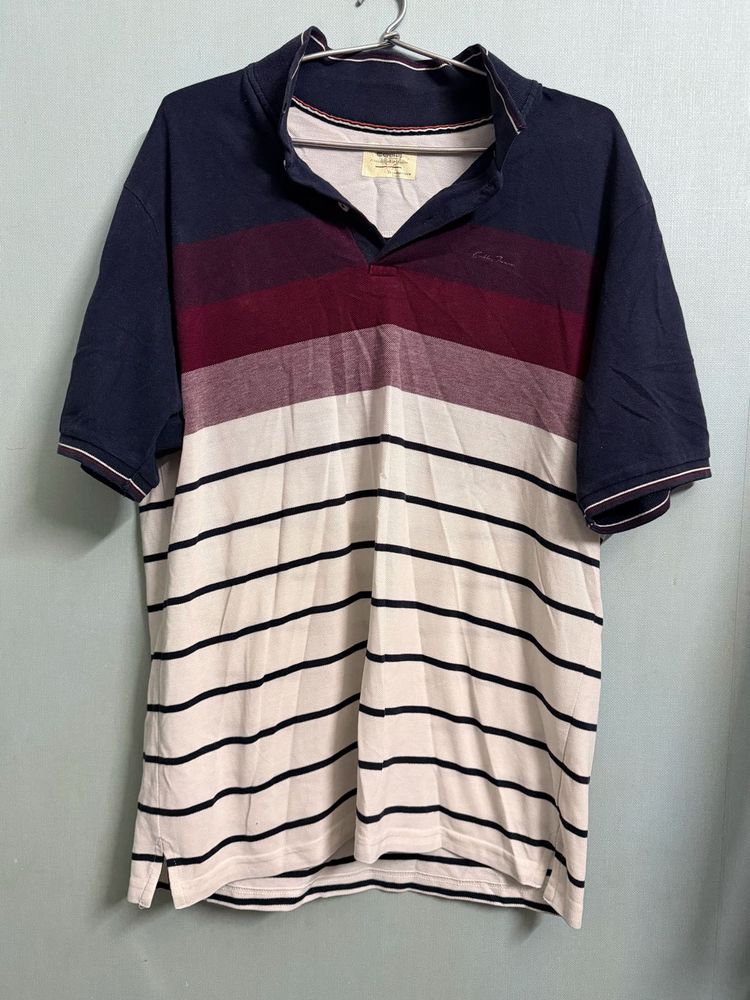 Men’s Navy &amp; White Striped Polo T-Shirt