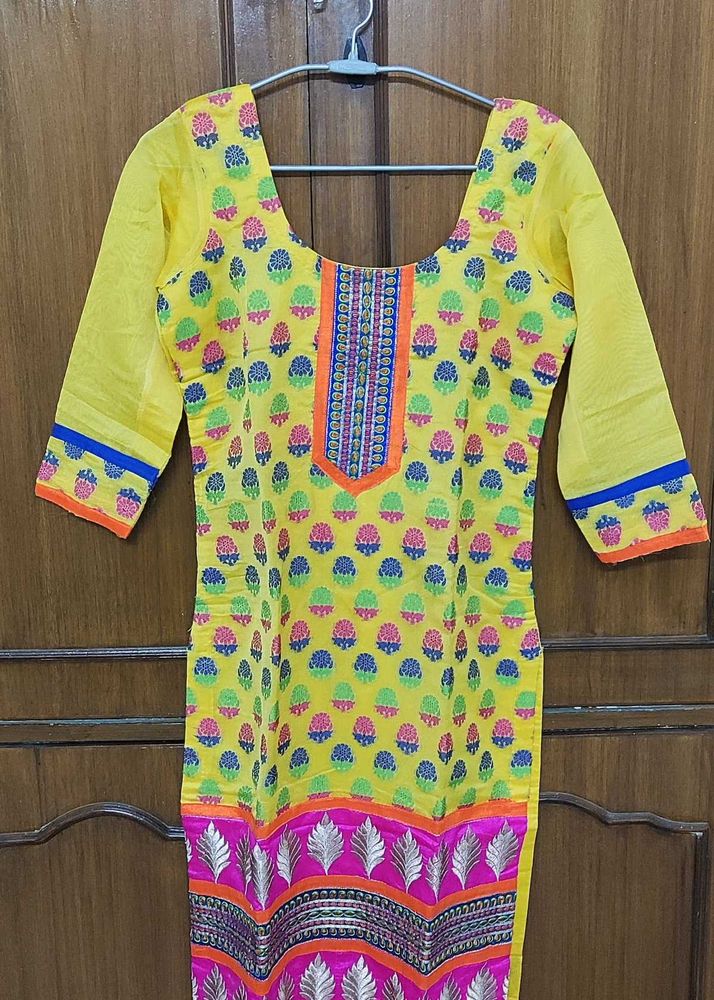 Yellow Embroidered Chanderi silk Suit w/ Pajami