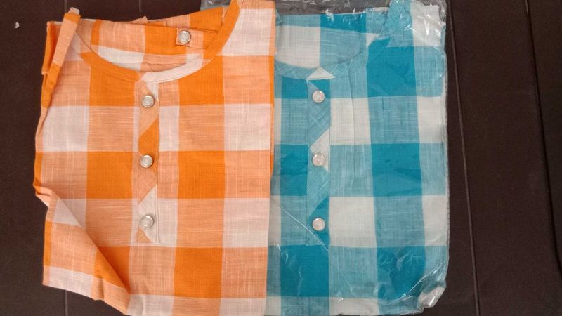 Checked Kurta Set - Orange, Blue &amp; green