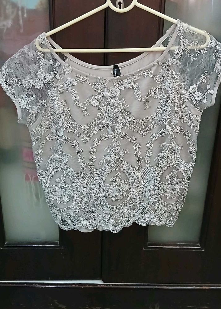 Exquisite Lace Embellished Crop Top - XL Size