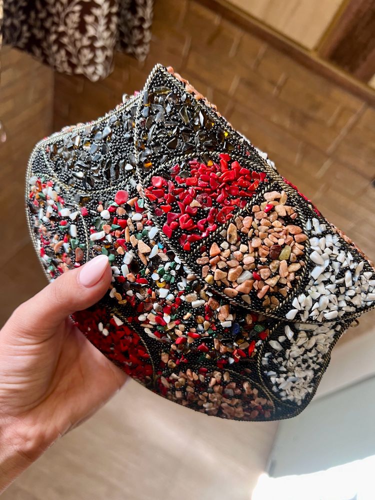 Ethnic Vintage Sling Bag Metal Mosaic Stone Shell