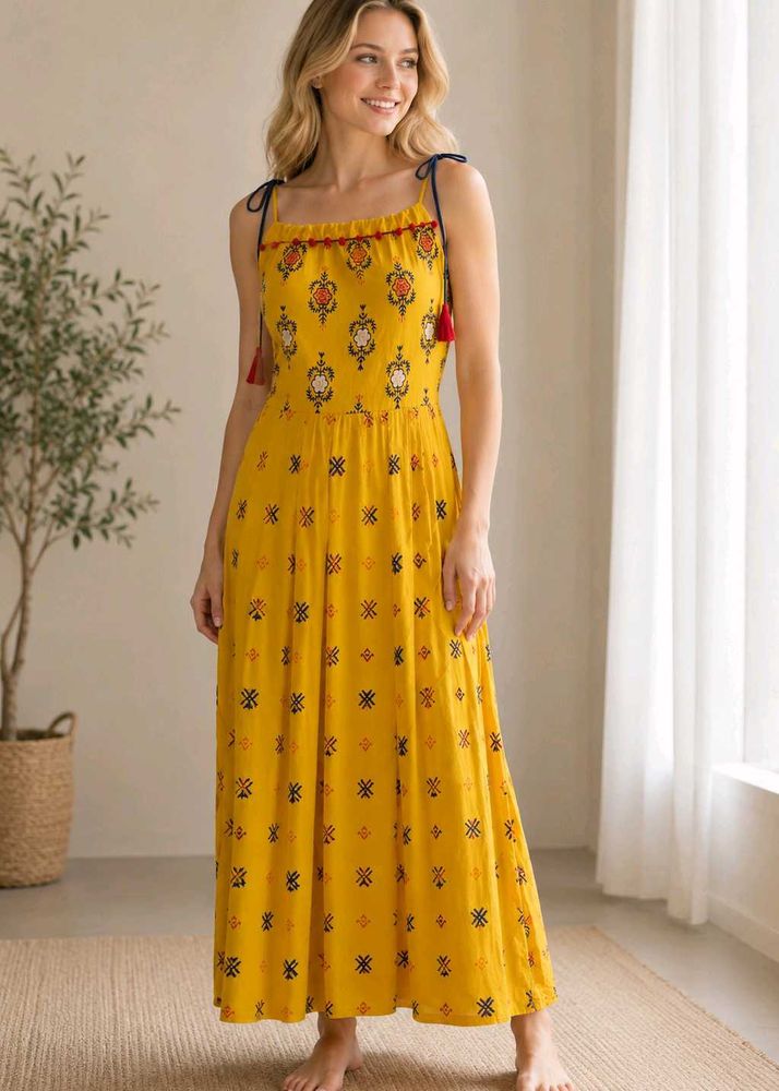 Yellow Floral Print Tassel Dress