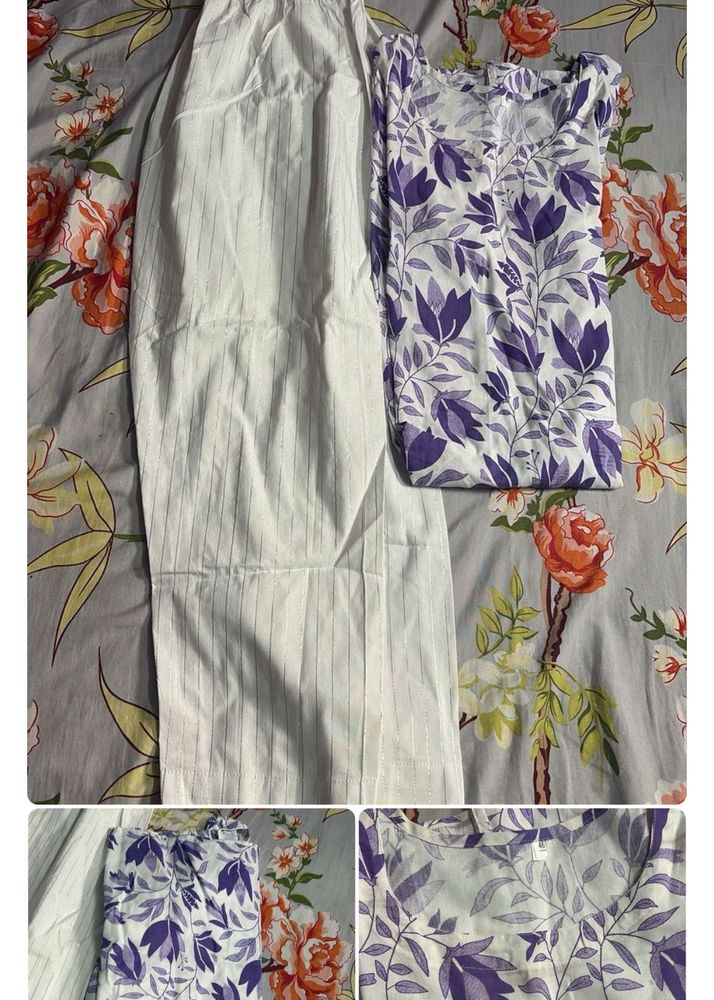Purple Floral Print Kurta with White Pants
