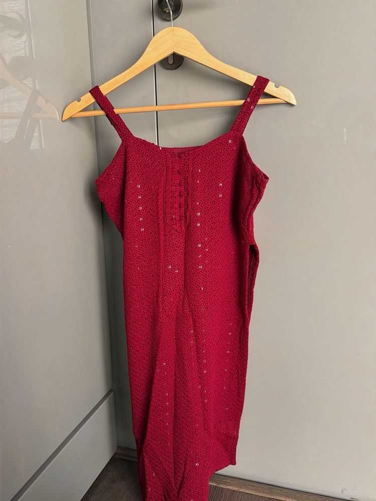 Maroon Cotton Sleeveless Kurta Set | Festive