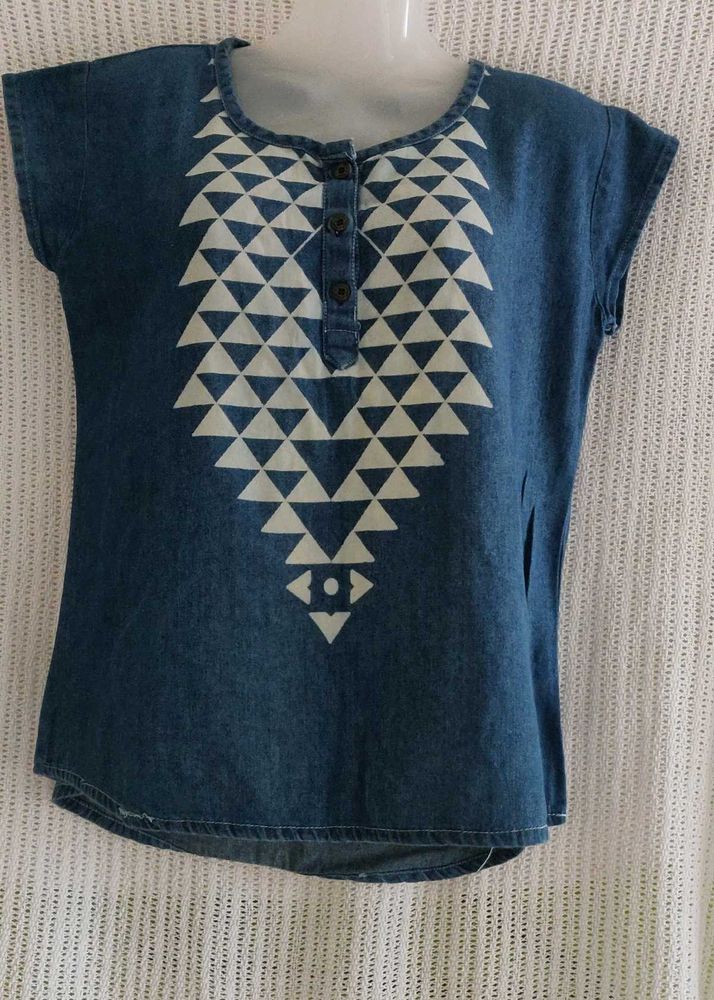 Denim Top with Geometric Print