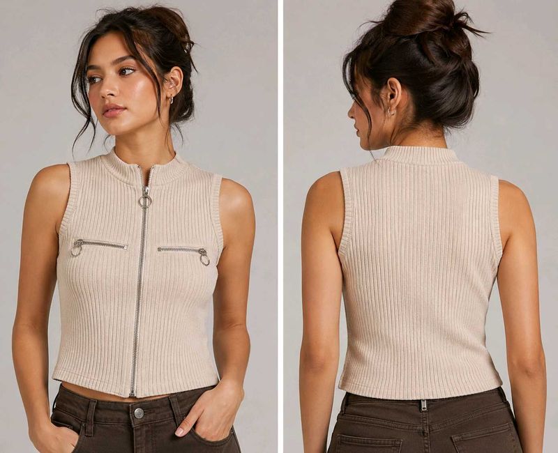 Ribbed Zip-Up Sleeveless Top