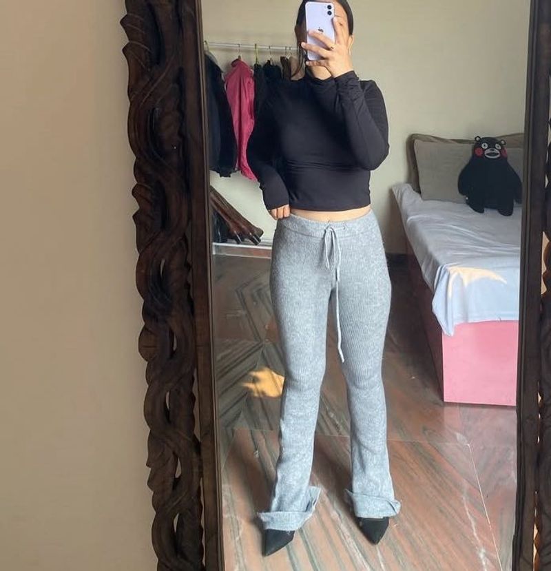 Gray Knit Flare Pants