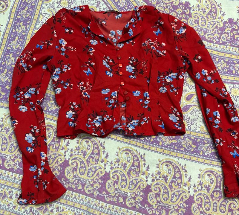 Red Floral Button-Up Blouse