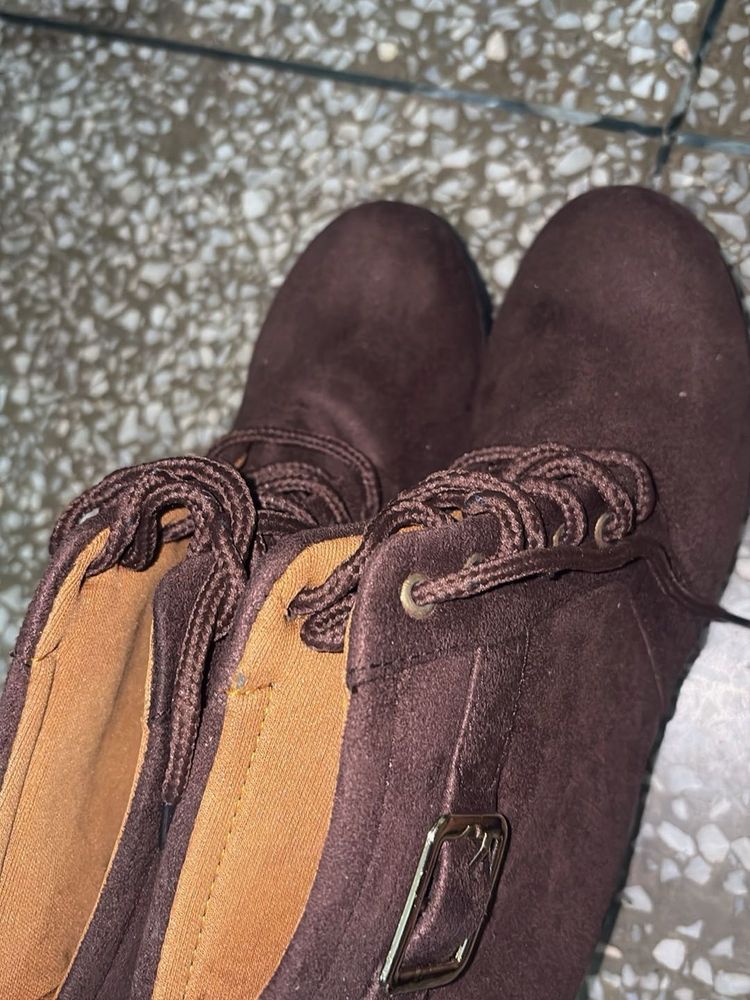 Brown Lace-Up Ankle Boots with Buckle